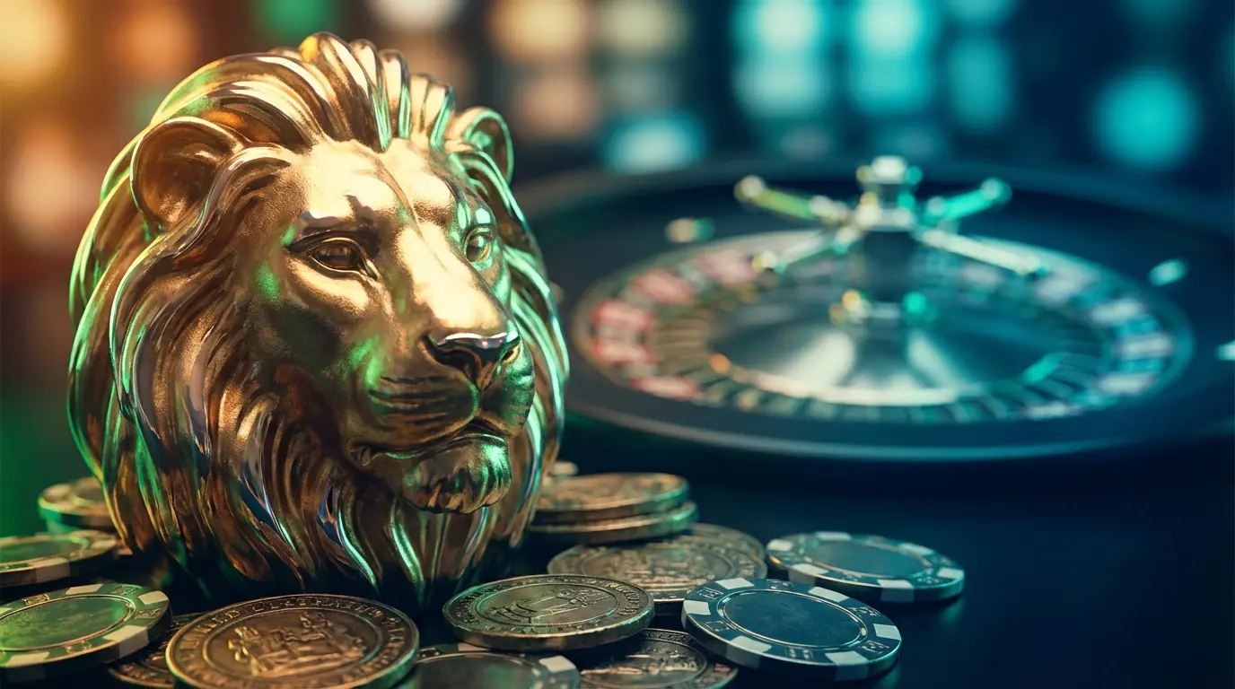 Lion statue with casino chips in warm lighting