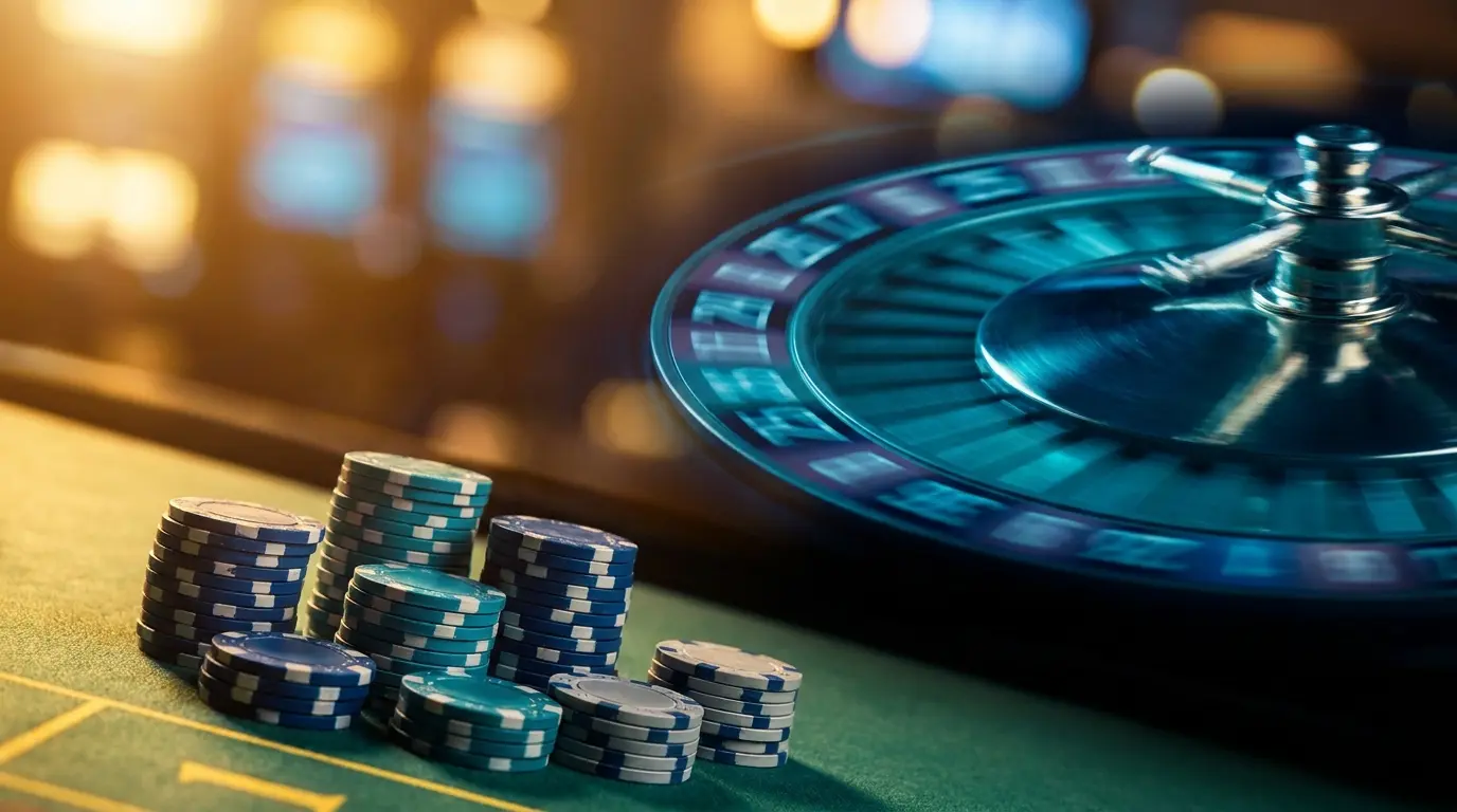 Roulette-Rad und bunte Casino-Chips auf grünem Filz