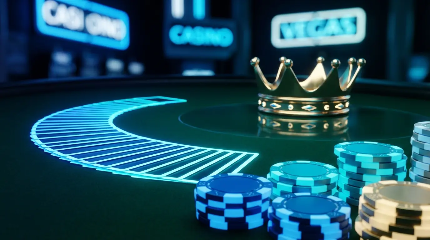 Playing cards and casino chips on green felt with crown ornament